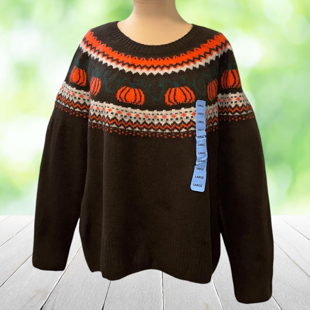 New VINCE CAMUTO Fall Sweater Halloween Pumpkin Fair Isle Brown Pullover Size L - Picture 9 of 11